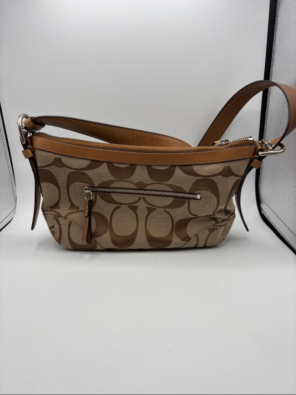 Coach Brown Signature Canvas Shoulder Bag with Tan Trim Very Clean
